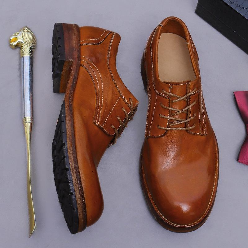 

Деловое платье из лошадиной кожи, мужские кожаные туфли Goodyear, тренд, подошва из коровьей кожи, дышащие, ретро, ручная работа, свадебные туфли This price control: 680 yuan