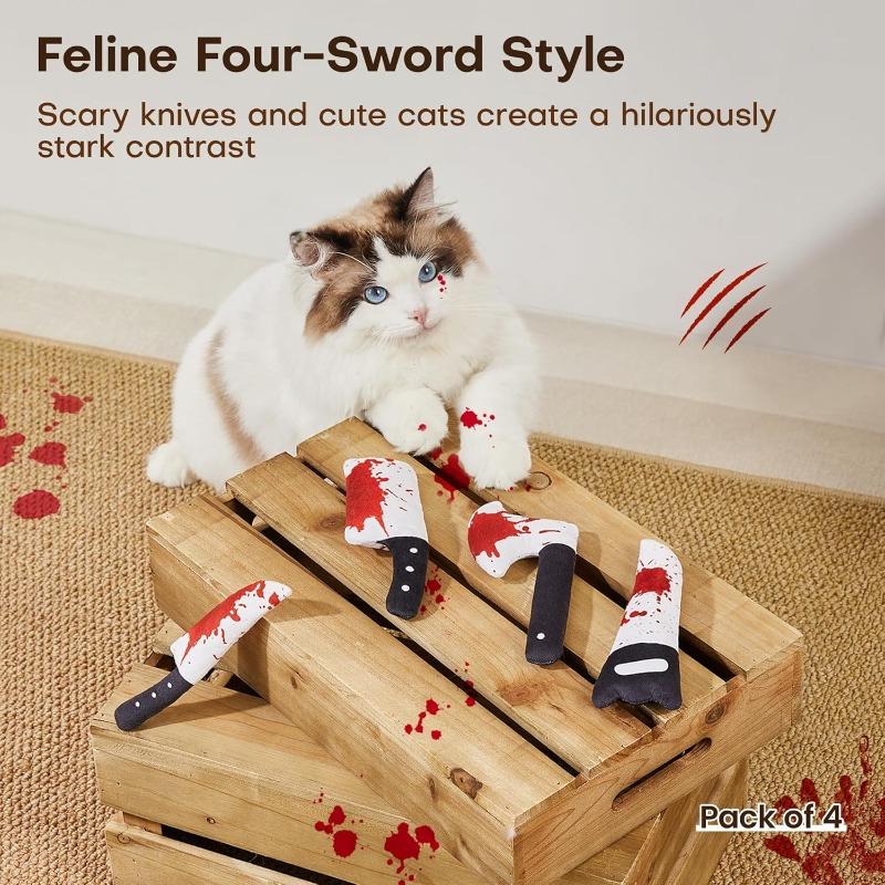 Halloween Plush Knife Axe Cat Toy, 4Pcs, Crinkle Sound with Catnip, Interactive Bite Toy for Kitten Indoor Play