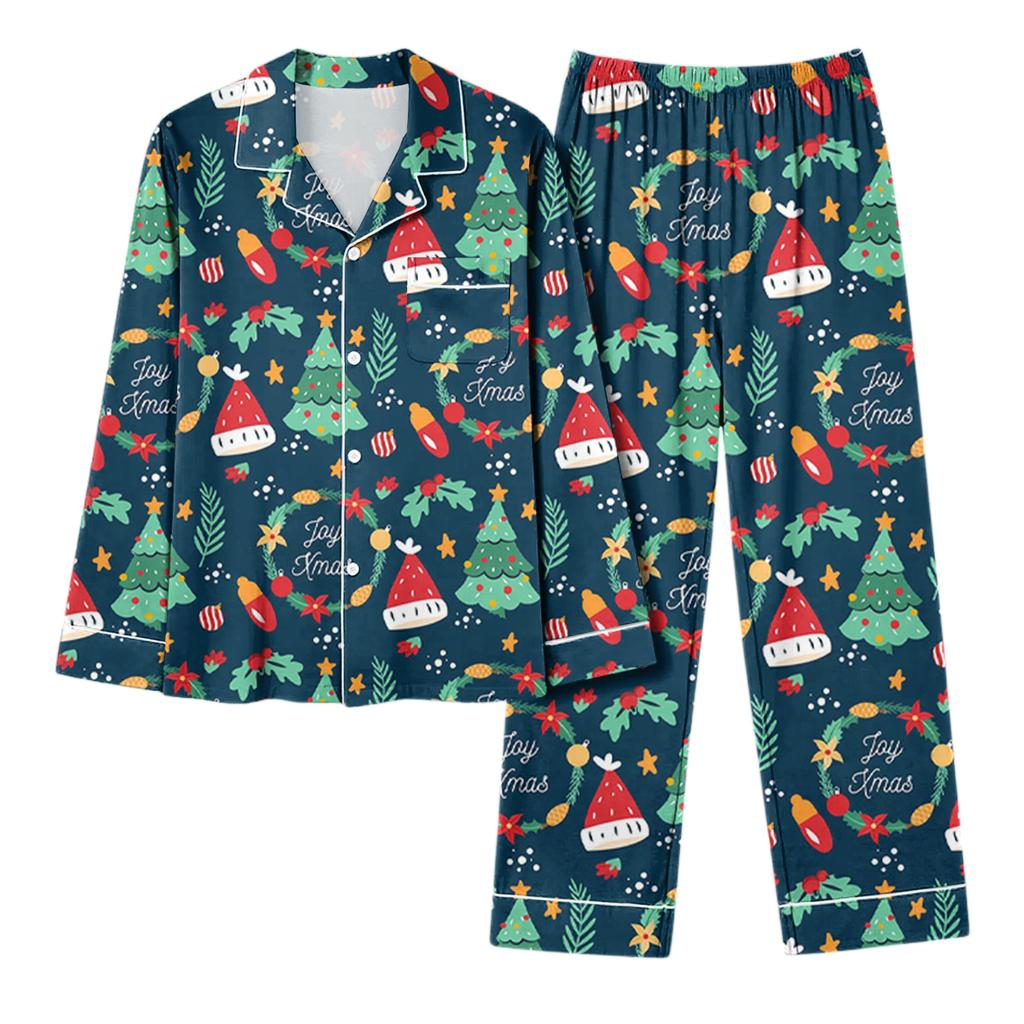 Dames avslappet mote juleprint langermet topp og bukser hjemmesett