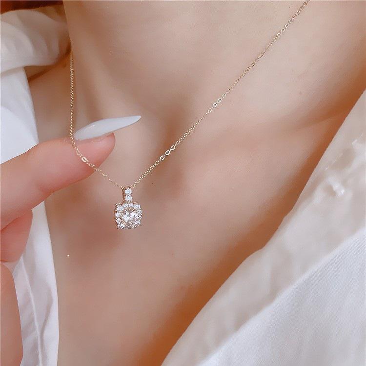 Sparkle S925 Sterling Silver 14K Gold-Plated Necklace with Shiny Retro Full Diamond Square Pendant