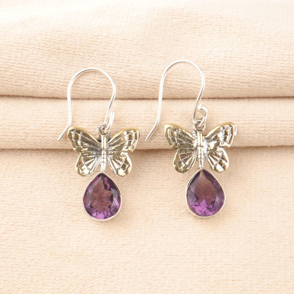 Natural Amethyst Gemstone 925 Sterling Silver Handmade Drop/Dangle Earrings 1.3" EE-155-3
