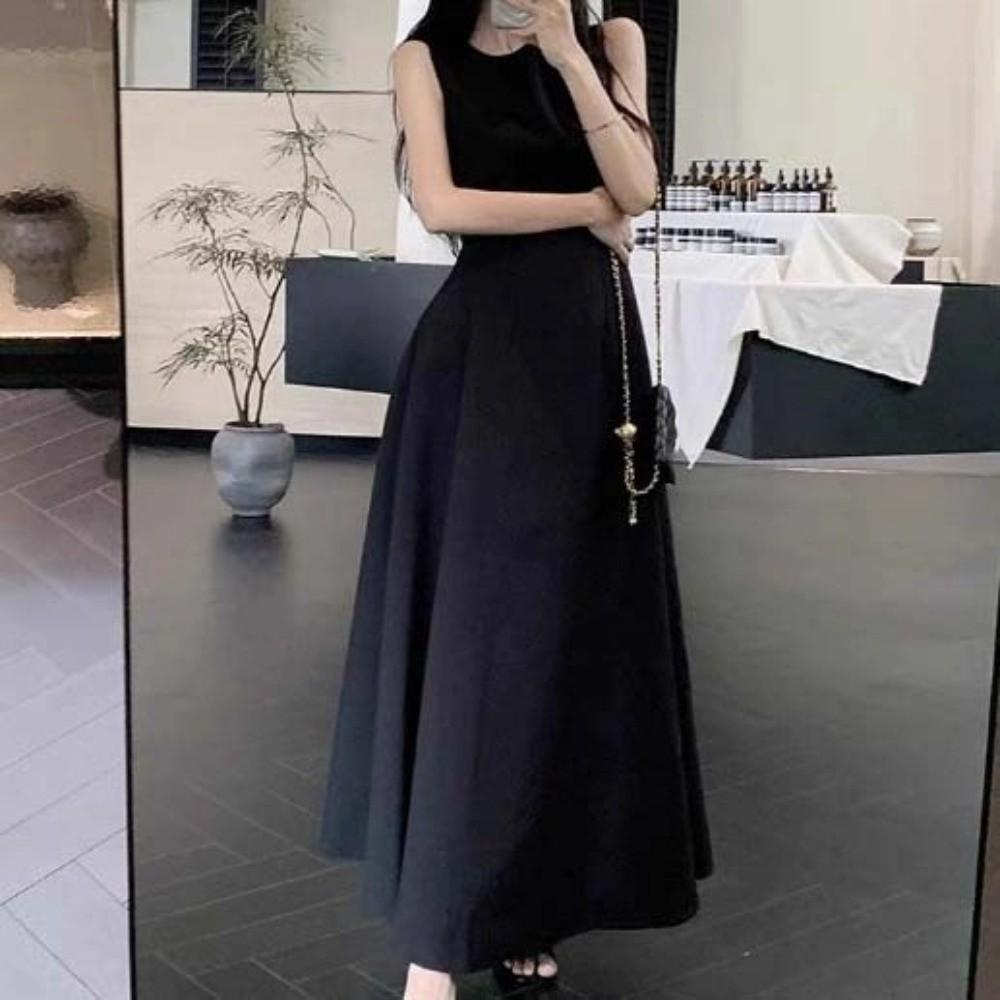 Sleeveless Vest Solid Color Long Skirt Temperament Women Korean Dress Sleeveless Long Dress  Party