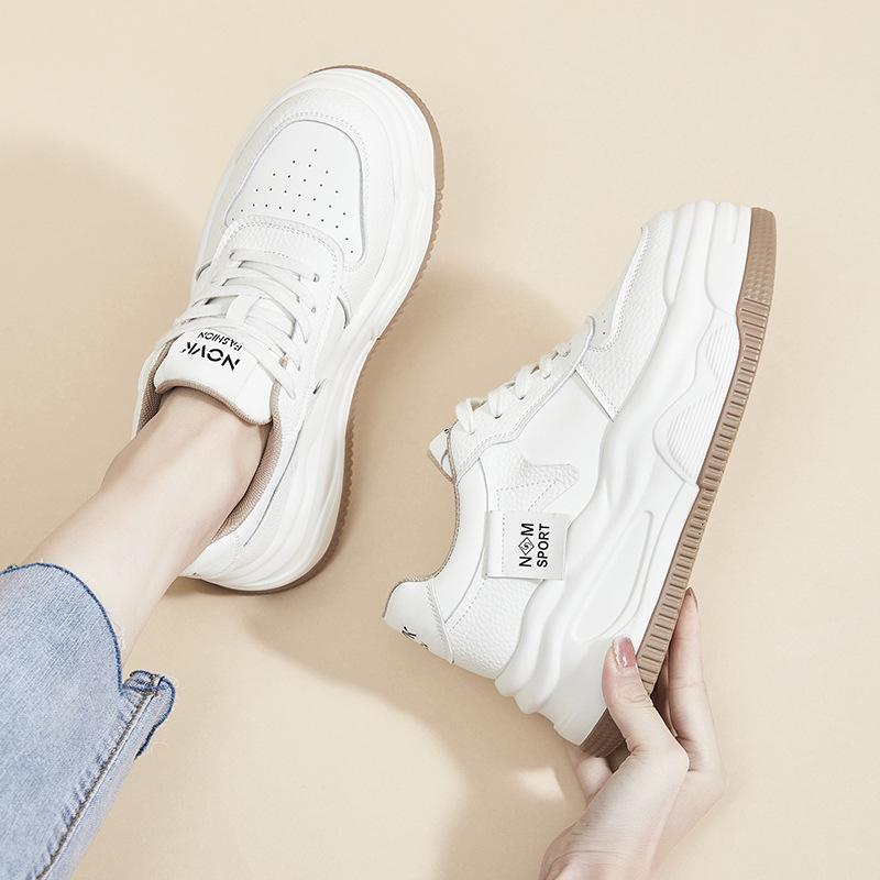 2024 Women's White Genuine Leather Height-Increasing Round Toe Casual Sneakers