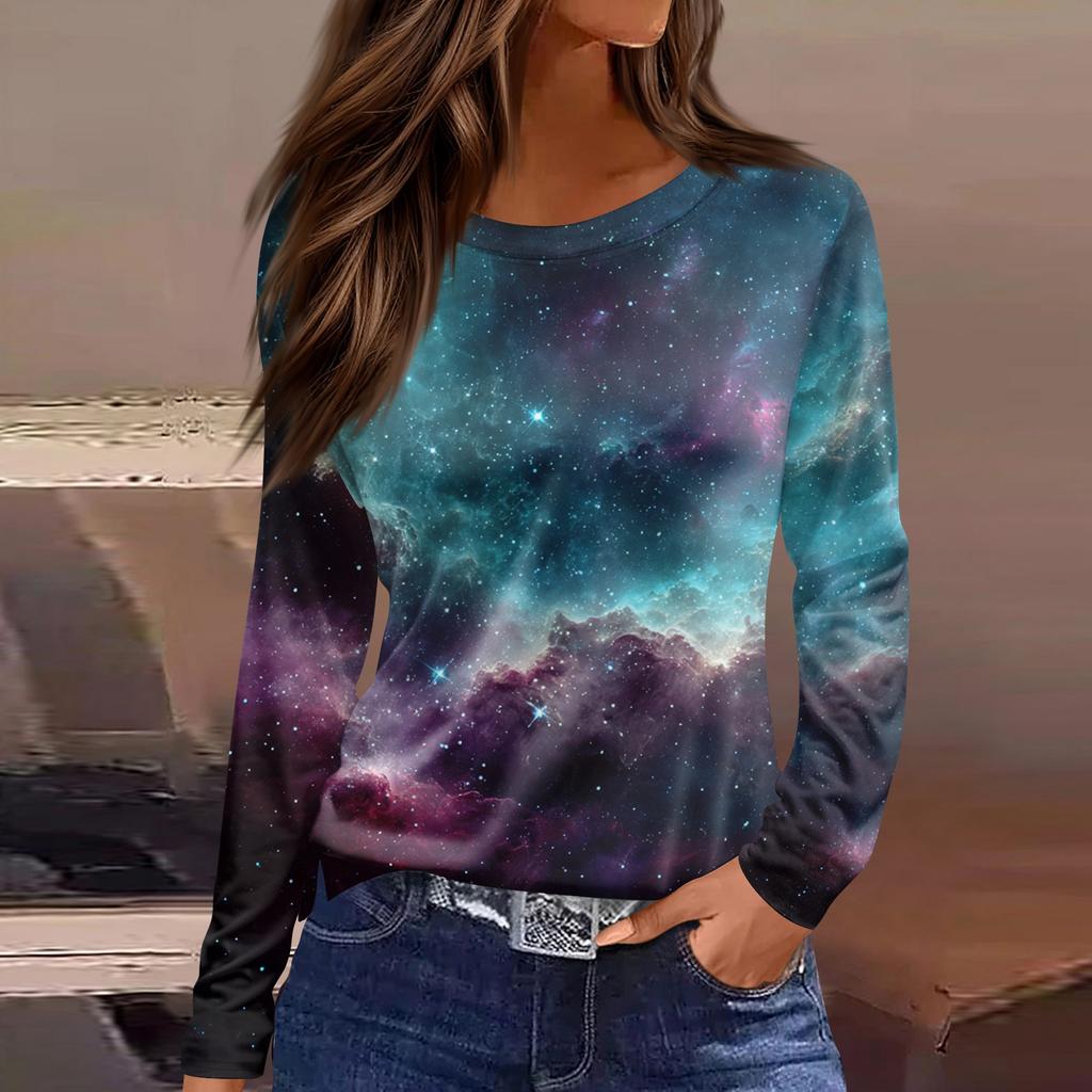 Women's Fashion Casual Slit Hem Round Neck Long Sleeve Loose Printed T,Shirt Ladies Top