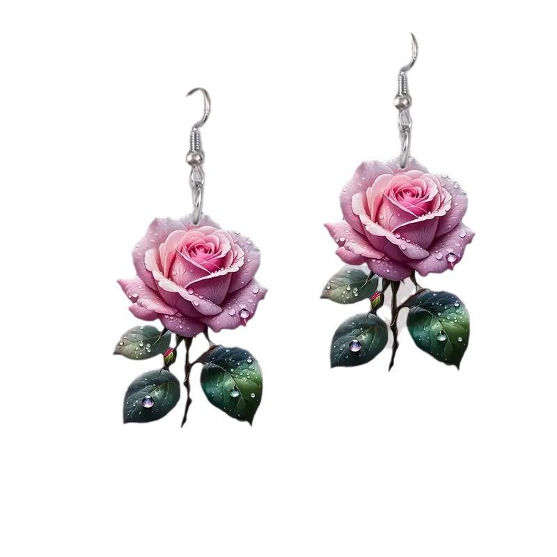 Pink Rose Forest Style Acrylic Earrings - Retro Artistic Gift