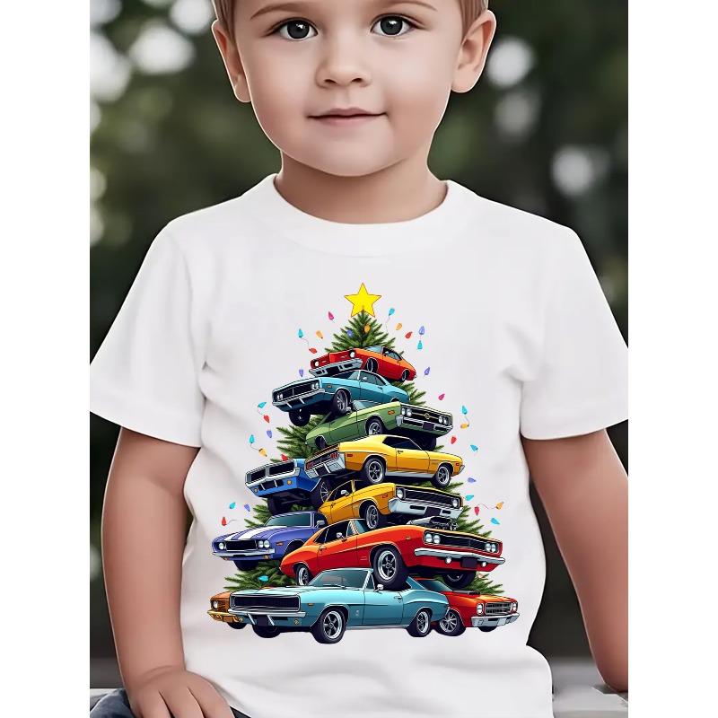 European sizes Christmas Summer Boys Fashion Short-Sleeve T-Shirt with 11 Cars Forming a Christmas Tree, Ribbon Element 110 белый