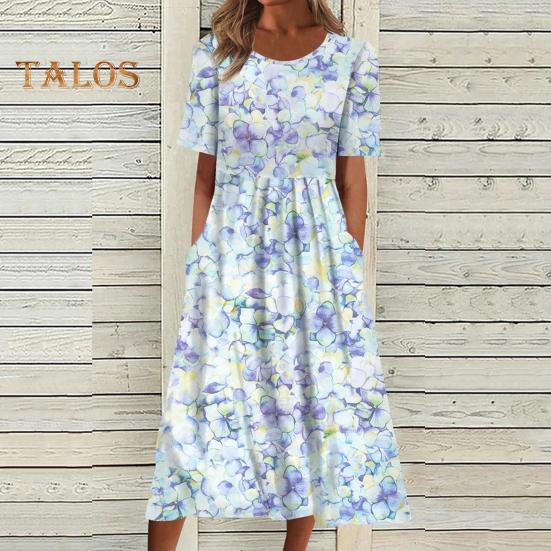 Women's Summer Short Sleeve Dress Casual Floral Print Round Neck Midi Dress with Pockets Flowy A-line Beach Sundress