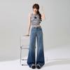 Spring Tencel Thin Super Popular Drape Relax Flare Straight Rhinestone Wide Leg Denim Pants For Ladies Casual Pants Oversize Denim Trousers