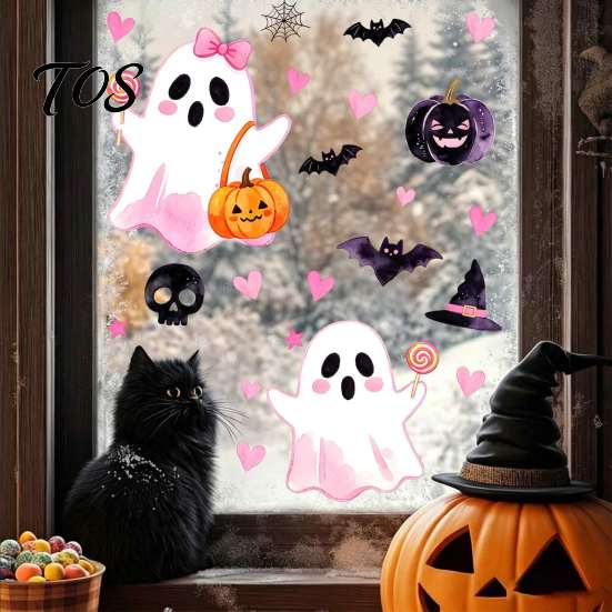 Easy Apply Window Clings 2 Sheets Halloween Cartoon Ghost Cling, Spooky Decorative Glass Sticker, Waterproof Static Decal for Holiday Party Decals