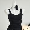 Hepburn Style Suspender Dress Black Women's Summer French Wide Shoulder Strap Skirt Waist Thin Big Swing Dress Women