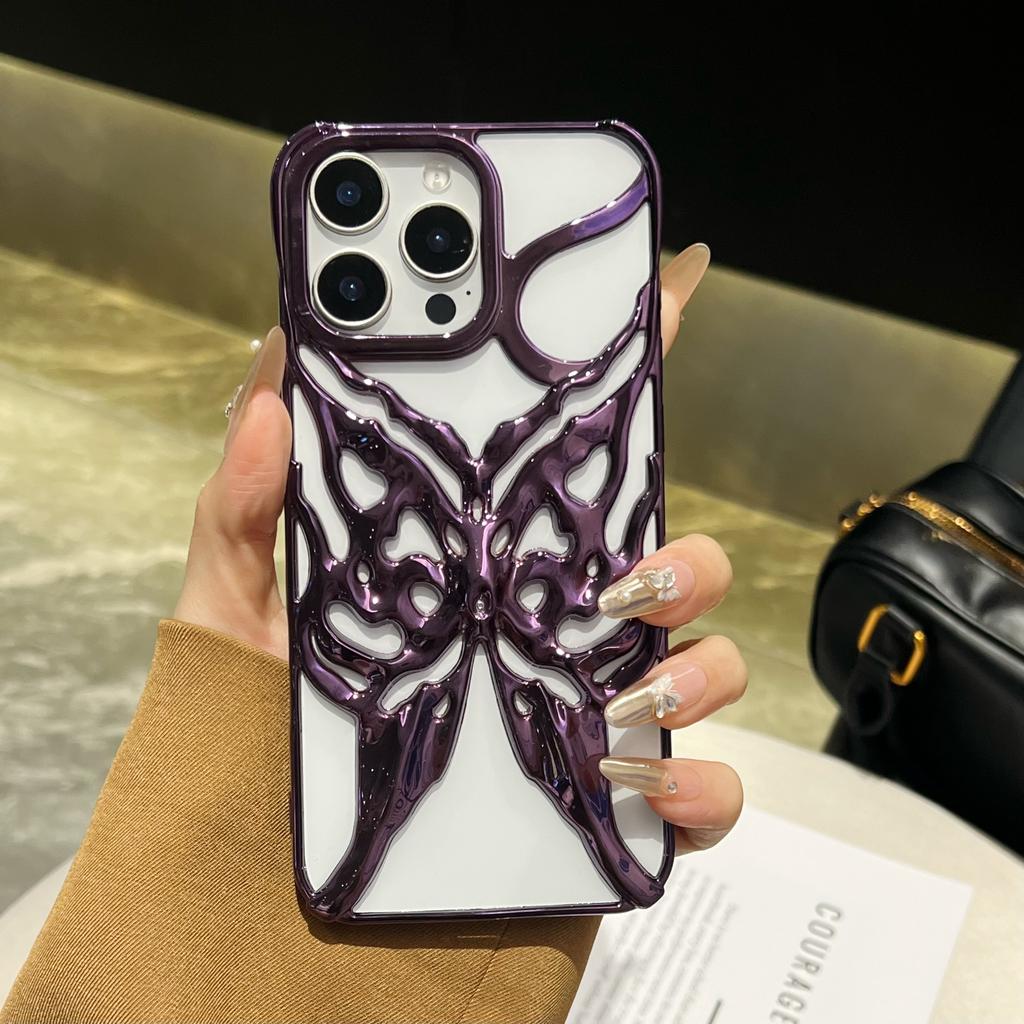 Fashion Plating Hollow Butterfly Pattern Case for iPhone 16E 15 14 13 12 11 Pro Max Matte Shockproof Heat Dissipation Back Cover