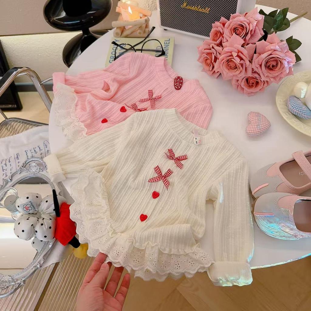 Girls' Lace Heart Button Pullover - Spring Long-Sleeve Round Neck Top