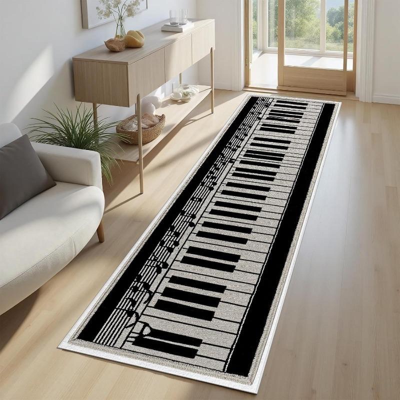 Piano Keyboard Pattern Runner Rug Vintage Musical Soft Non-Slip Carpet Retro Home Decor Music Note Floormat for Hallway Bedside