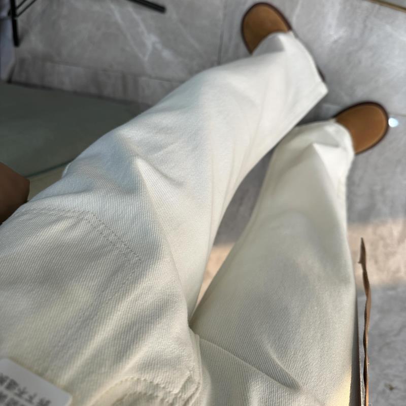 Women High Waisted Beige Straight Leg Jeans Spring Autumn Korean Style Wide Leg Pants Slim Fit V Line Stitching