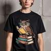 Unisex 's & Teens Smart Owl Reading Books Graphic T-Shirt - Black Shirt With Brown/Teal Owl Design