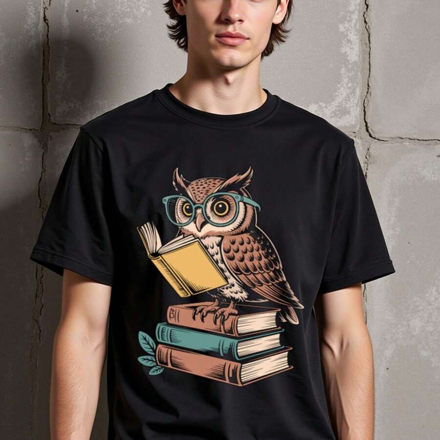 

Unisex s & Teens Smart Owl Reading Books Graphic T-Shirt - Black Shirt With Brown/Teal Owl Design XXL
