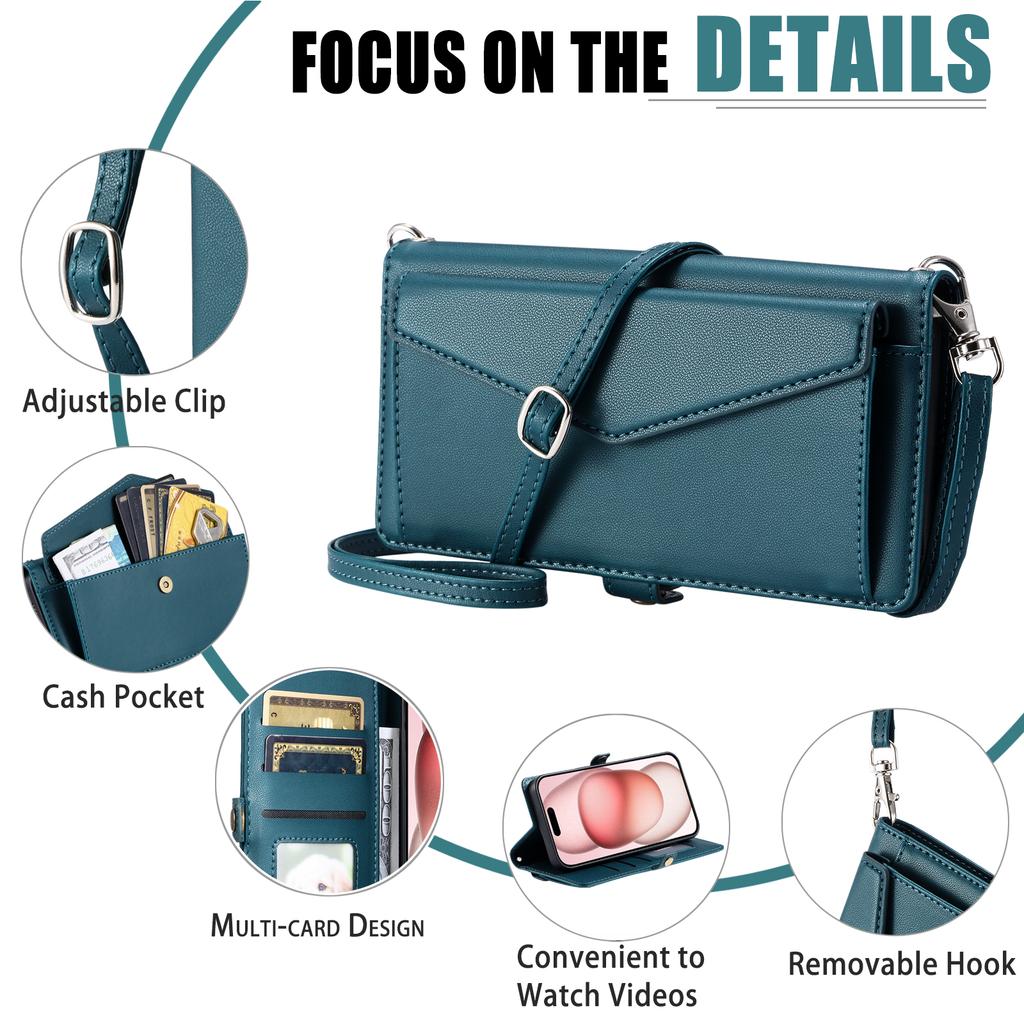 Für iPhone 16 Plus Lederhülle Brieftasche Ständer Handyhülle mit Riemen