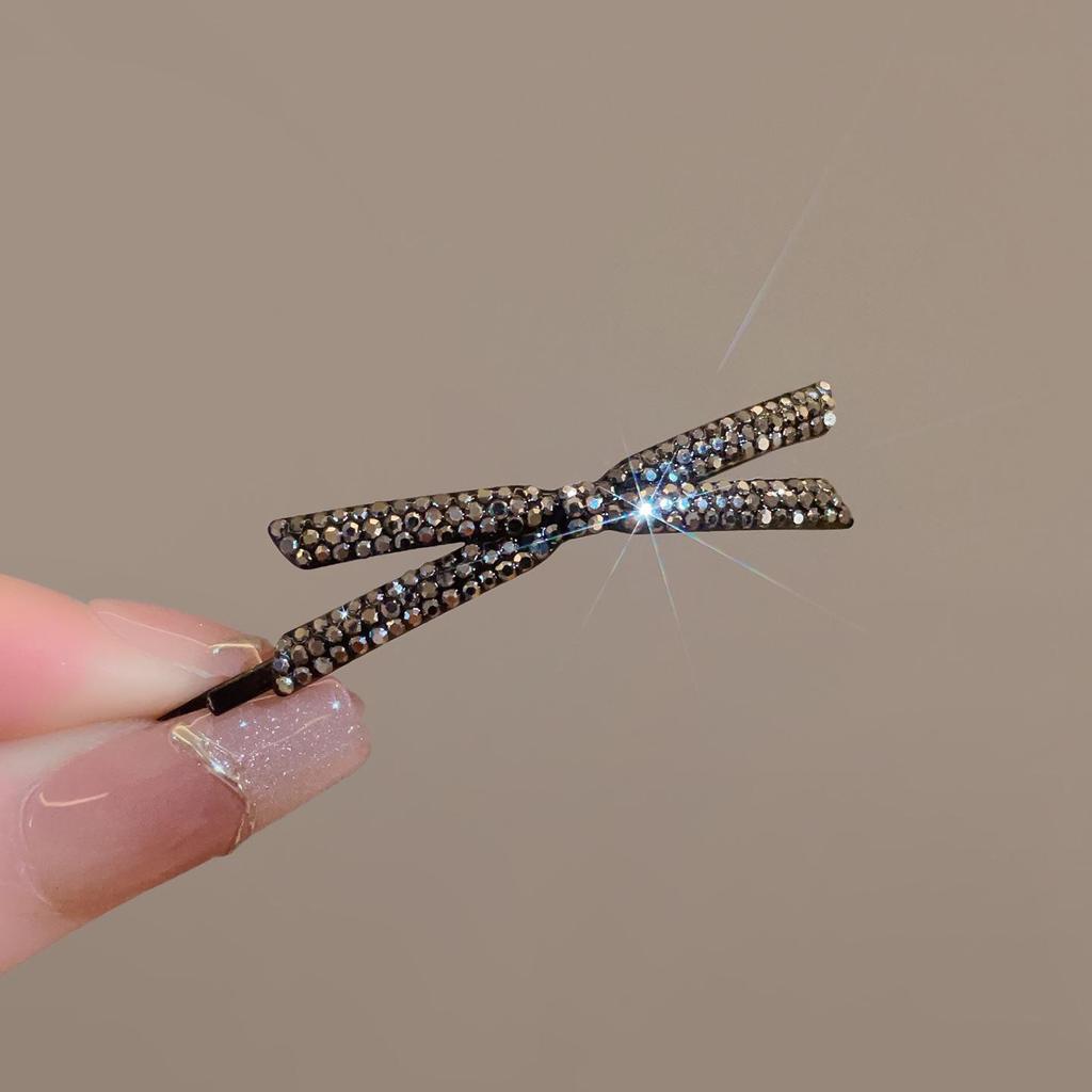 Black Rhinestone Cross Style Hair Clip for Women - Elegant Flyaway, Bangs & Side Double Clip Hairpin