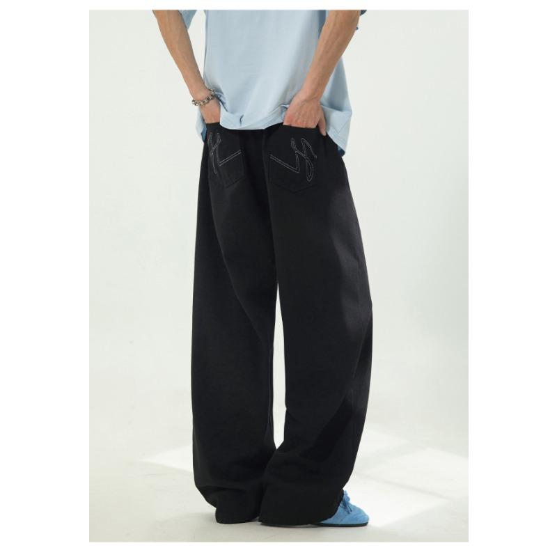 Men Loose Straight Cleanfit Denim Jeans Retro Casual Embroidered Long Pants