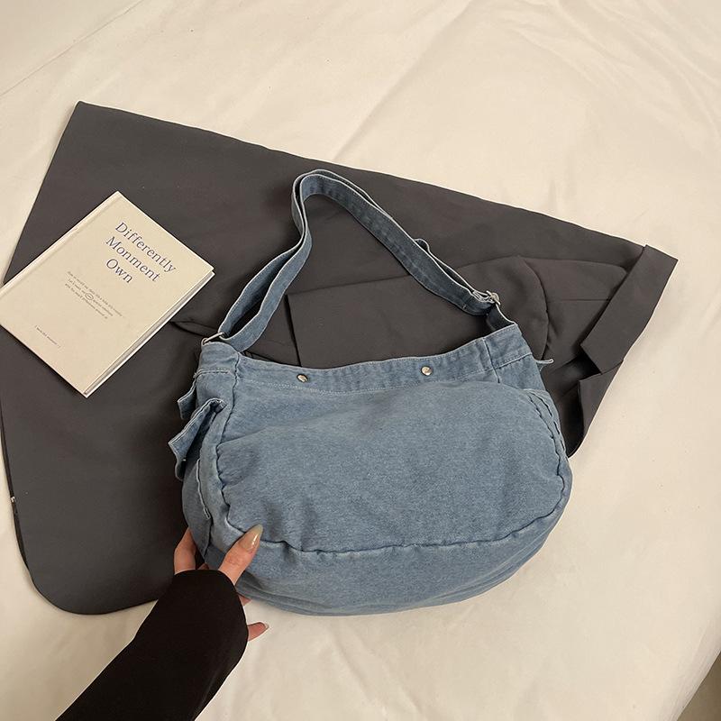 

Универсальная простая джинсовая сумка-мессенджер через плечо женская большой вместимости ретро холщовая сумка модный рюкзак светло-синий