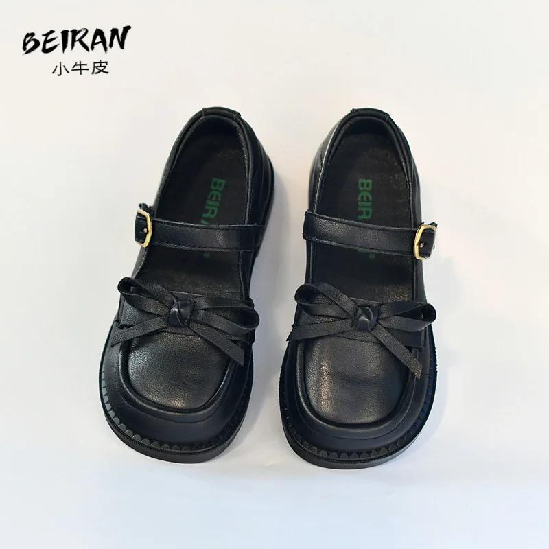 2026 Spring Children Genuine Leather Shoes Black White Toddler Girls Flat Shoes Fashion Bow Kids School Shoes Girl High Quality