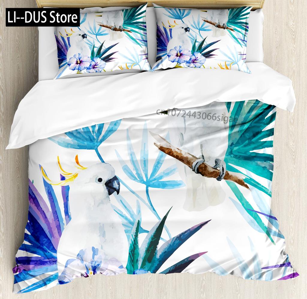 Macaws Duvet Cover Set Full Size Colorful Parrots Bedding Set 3pcs for Boys Girls Room Decor Quilt Cover with 2 Pillowcases