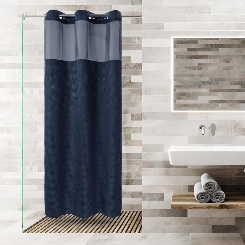 No Hooks Required Dotted Waffle Weave Shower Curtain with Snap In Liner - 71W X 74H,Hotel Grade,Spa Like Bath Curtain,Gray