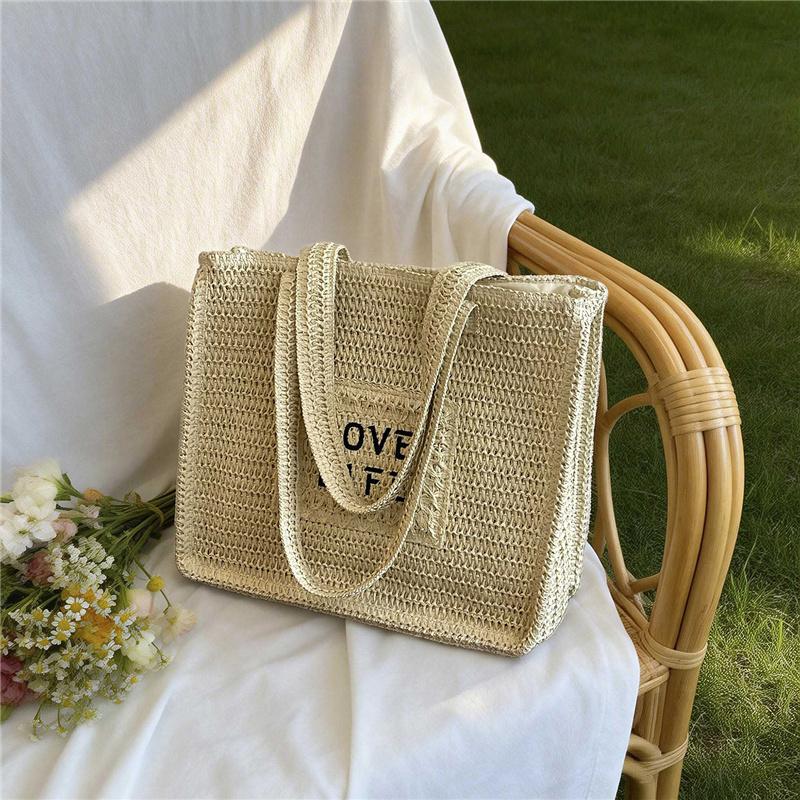 Stylish Woven Tote Bag for Women Embroidered Straw Handbag with Large Capacity and Casual Design