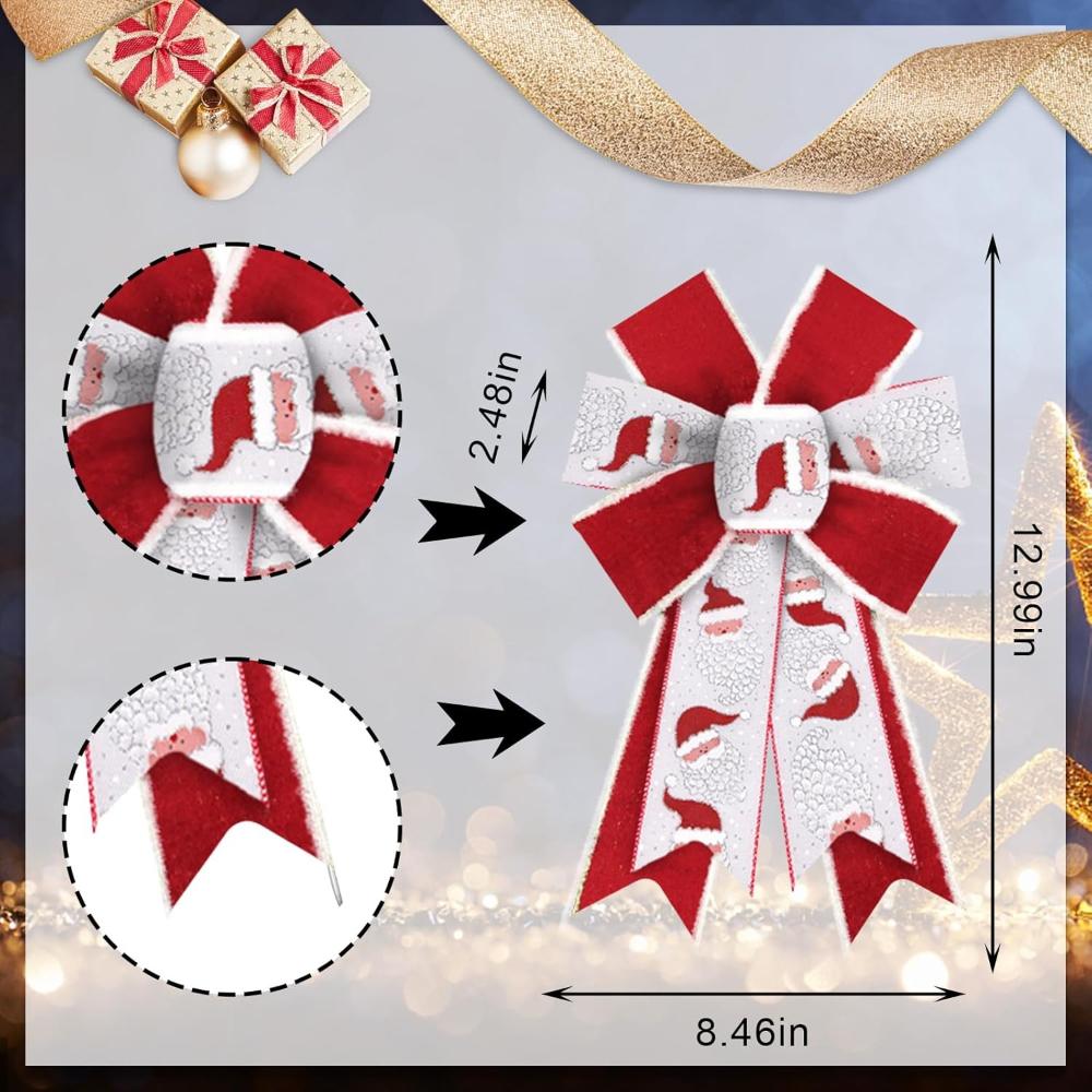 2 PCS Christmas Bows for Wreath Xmas Santa Shining White Red Burlap Bows Santa Claus Craft Bow Winter Tree Topper for Decoration