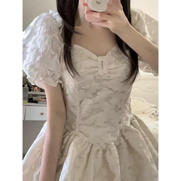 Французская принцесса пышная юбка рукава-фонарики летнее платье L абрикосовый