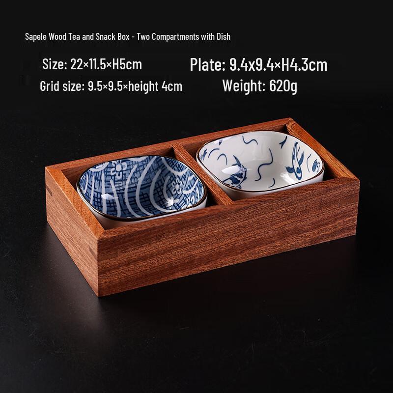 Chinese Style Wooden Dried Fruit Tray Two-Compartment Plate with Dish Set
