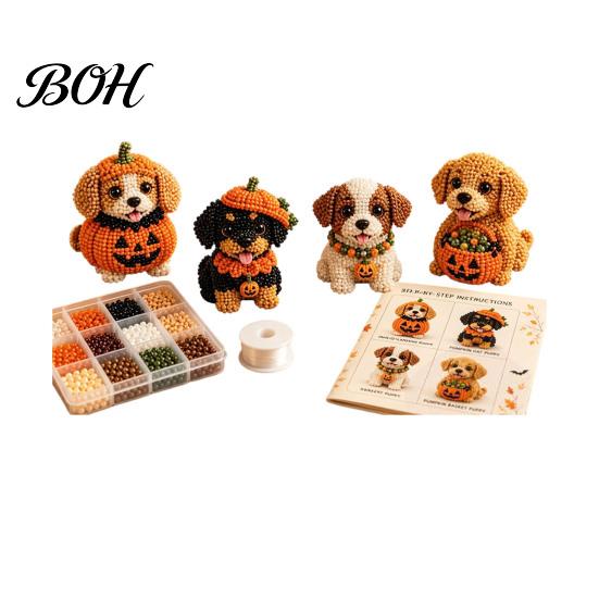 Creative Hobby Sets Halloween Dog Bead Art Set, DIY 4 Beaded Puppy Figurines, 3D Craft Kit for Kids Adults Teens, Holiday Decoration Handmade