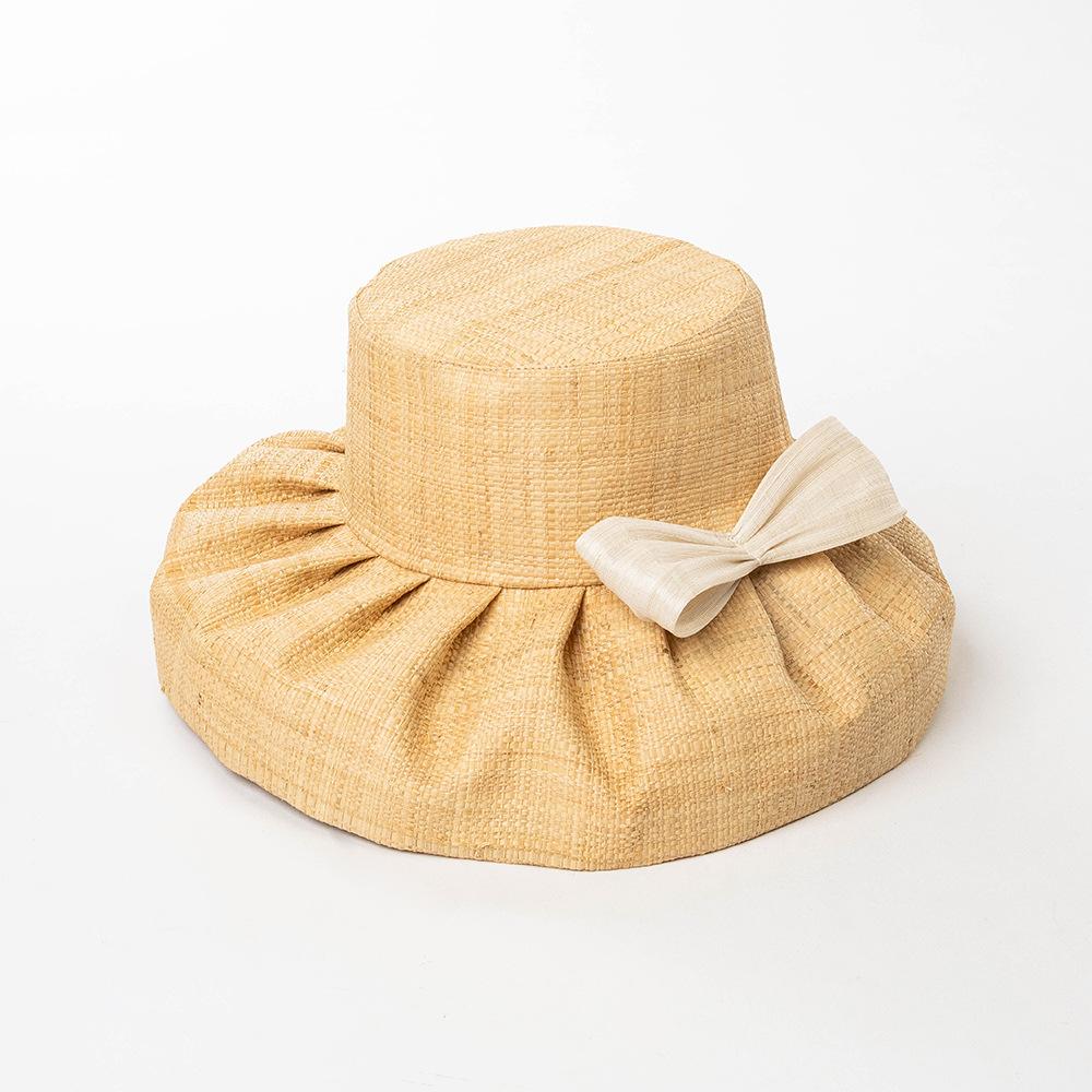 European American Retro Hepburn Style High Quality Raffia Fabric Wide Brim Bow Top Hat Fedora Catwalk Fashion Dinner Beach Hat