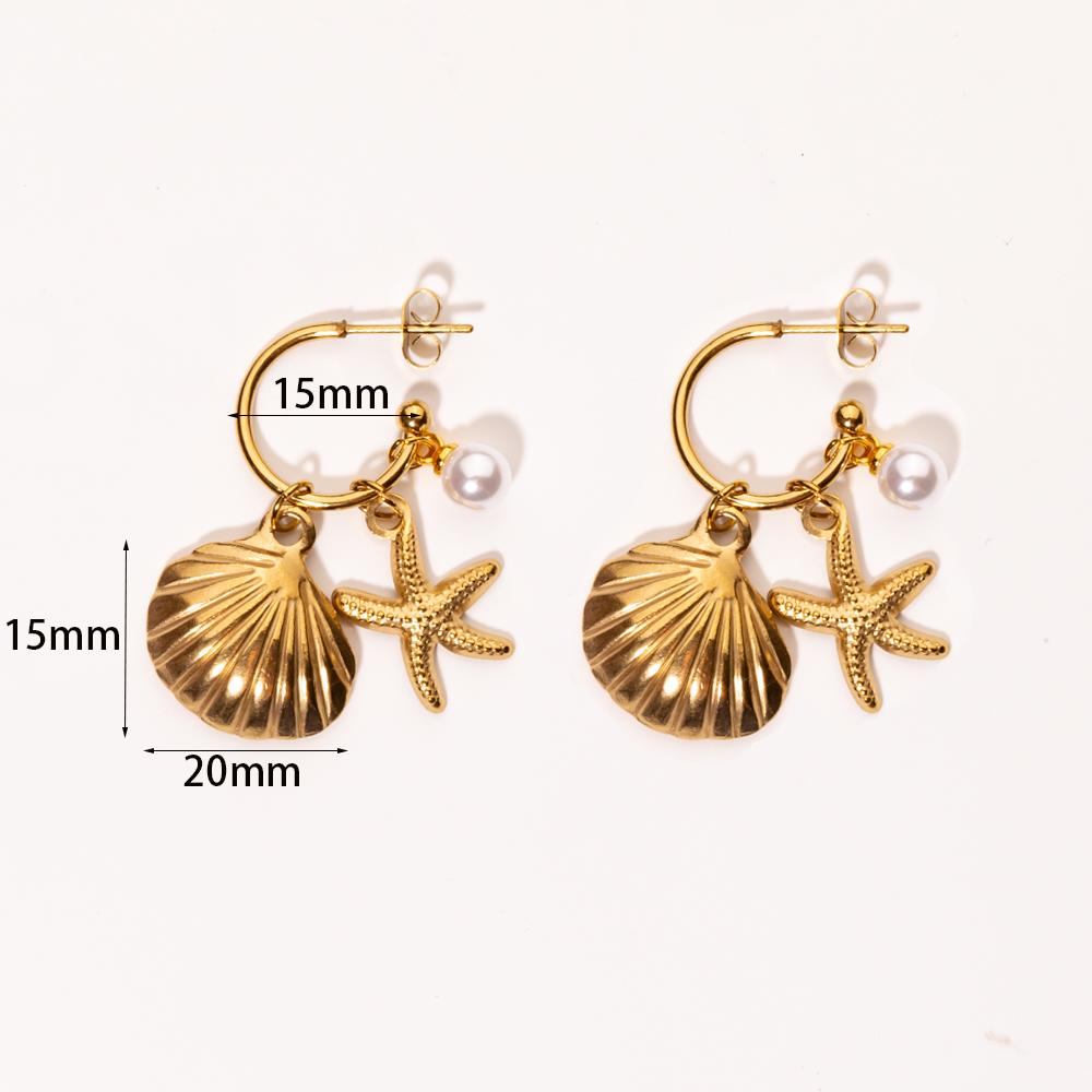 Summer Gold Stainless Steel Shell Starfish Crab Drop Earrings For Women Beach Ocean Hoop Drop Stud