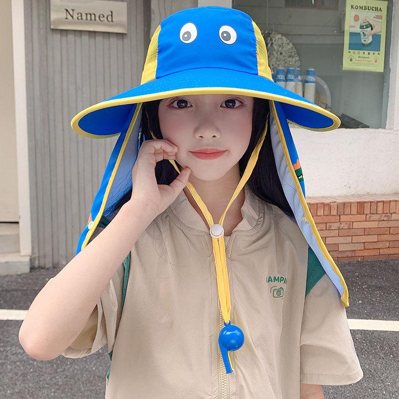 

Summer Hats For Boys Girls Sun Hat Outdoor Sunscreen Wide Brim Bucket Hat With Shawl Sunshade Cartoon Fisherman Cap Kids Child 49-54cm синій