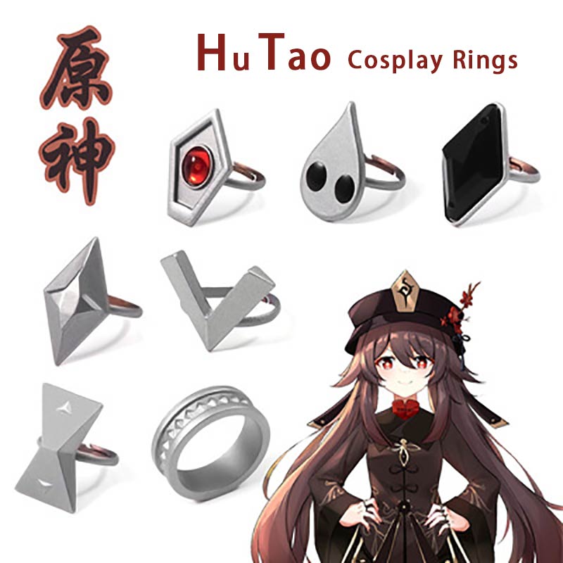 Neues 7-teiliges/Set Anime Genshin Impact Hu Tao Cosplay Ringe Verstellbarer Metall Neun Säulen der geheimen Reue Ring Requisiten Schmuck