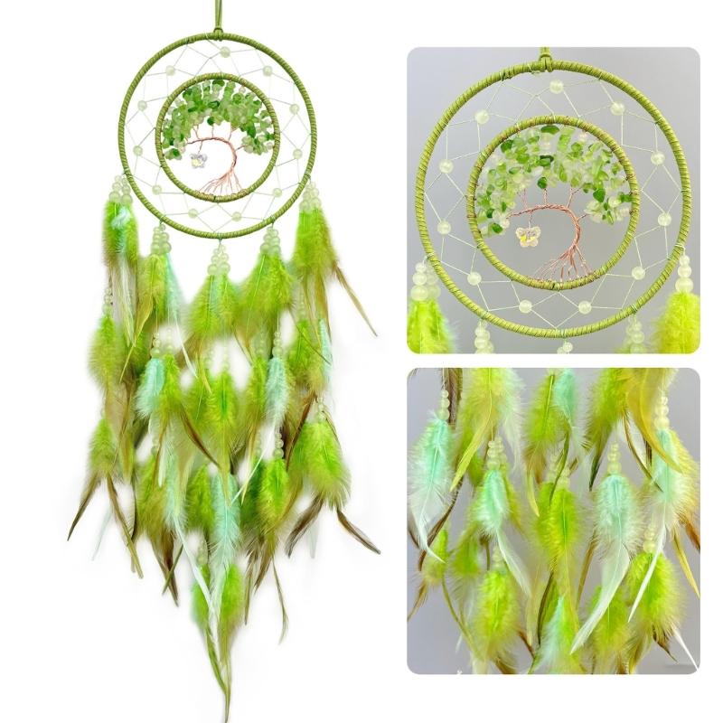 Bedroom Handmade Dreamcatchers Hanging Ornament with Feathered Tassels and Glowing In Dark Beads for Home Aesthetic