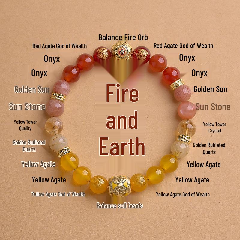Five Elements Crystal Bracelet: Gold, Water, Earth, Wood, Fire - Wealth-Attracting Natural Crystal Agate Bracelet