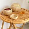 Bamboo Storage Basket Double Layer with Cover Handmade Woven Tea Basket Tabletop Storage Box for Tea Fruit Dried Fruit Snack