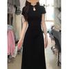 Summer 2026 Black Short-Sleeved Qipao Dress - Petite Fit, Waist-Cinched, National Style
