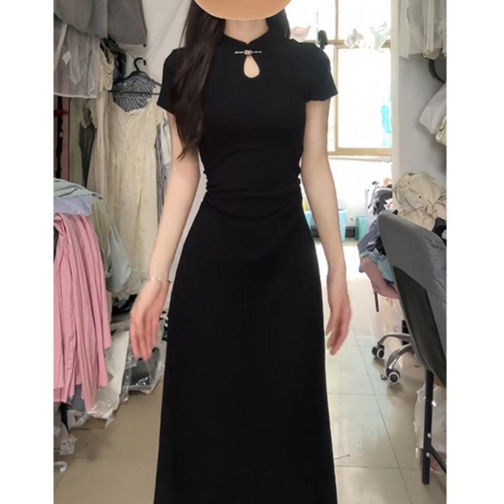 Summer 2026 Black Short-Sleeved Qipao Dress - Petite Fit, Waist-Cinched, National Style