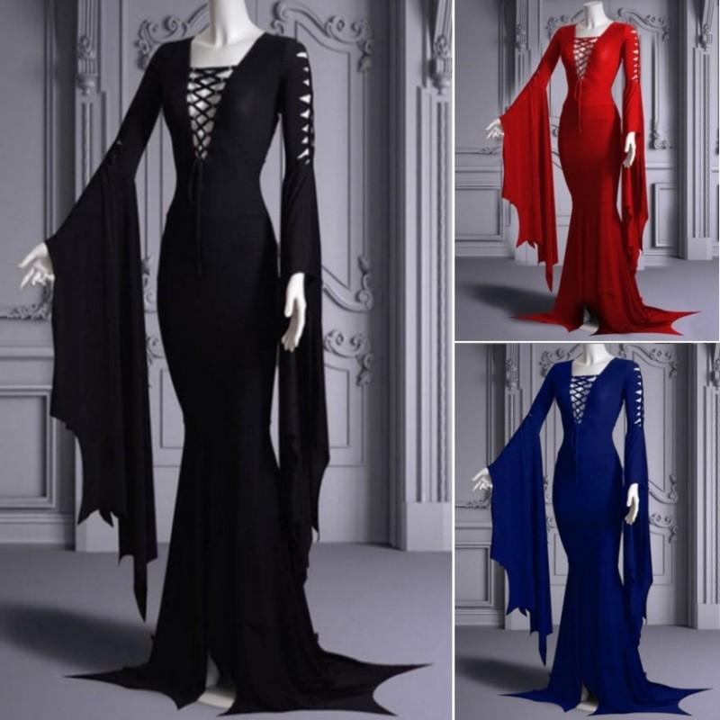 Trendy New Halloween Sexy V Neck Dress With Flare Sleeves Available In Red Black And Blue Sizes S To 5xl For A Chic Retro Look
