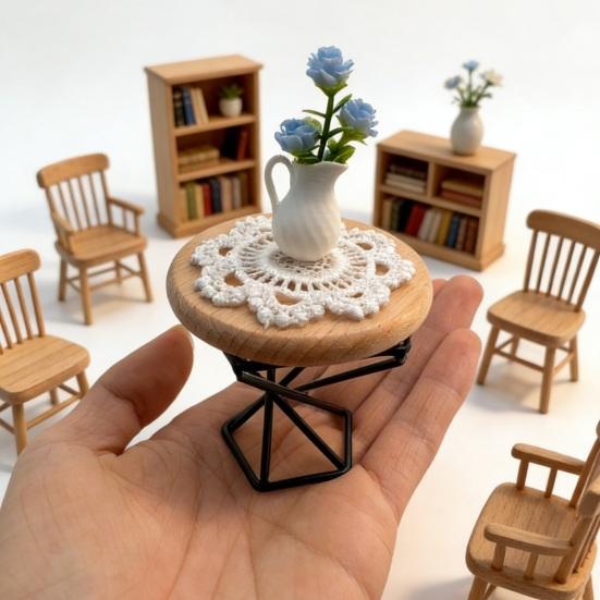 1/6 1/12 Scale Miniature Dollhouse End Table Furniture Wooden Round Side Tea Table Model with Tablecloth And Potted Flower for Dollhouse Decoration