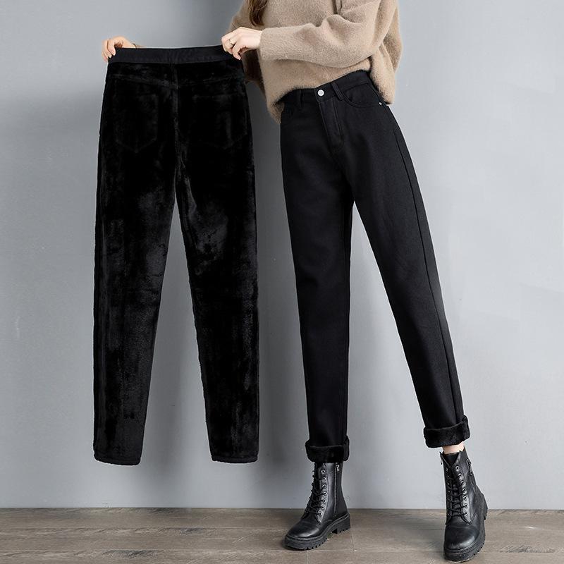 Straight Haren Jeans for Women Autumn and Winter with Thick Fleece and High Waist Loose Korean Version Jeans