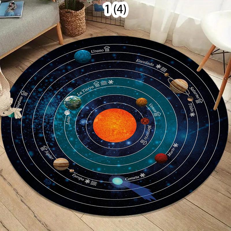 Kids Room Round Rug Non-Slip Carpet Floor Mat Area Rug Solar System Planet Design for Living Room Bedroom Playroom Minimalist