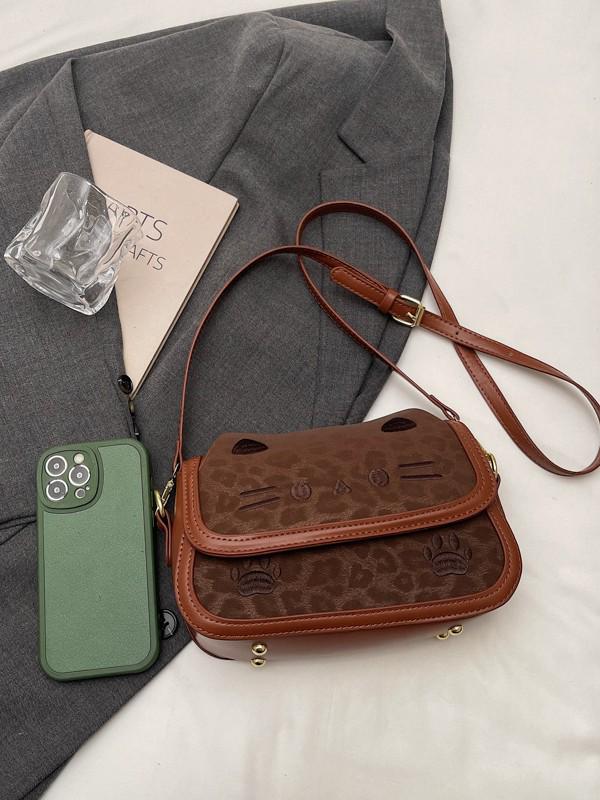 Korean Style Cartoon Kitten Crossbody Bag - Cute Retro Matte Shoulder Bag for Girls and Students