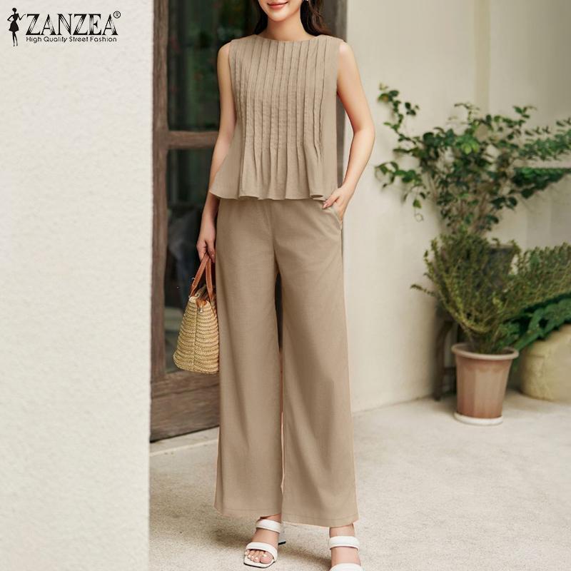 ZANZEA Damskie topy bez rękawów i spodnie casualowy dwuczęściowy zestaw letni