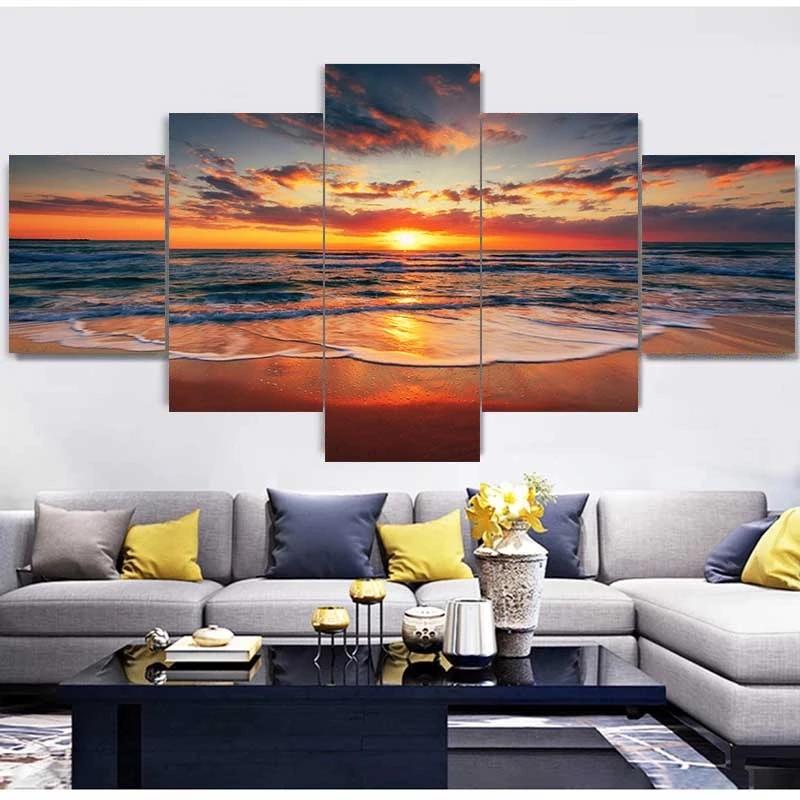 5 Pieces Natural Blue Beach Sunset Landscape Canvas Painting Seascape Posters And Prints Wall Art Pictures Home Decor No Frame