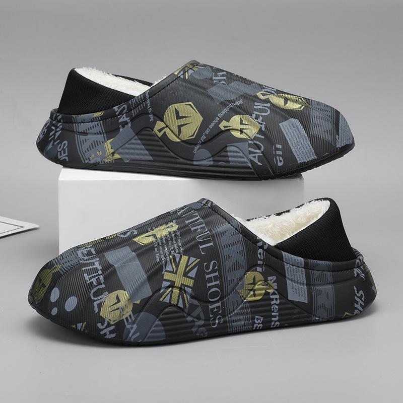 Flow printing cotton mop winter velvet large size bag heel cotton shoes men's indoor non-slip thick-soled slippers
