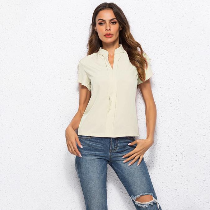 Kadın Moda Yaz Şifon Casual Gömlek V Yaka Kısa kollu Şifon Gömlek Casual Vahşi Gömlek